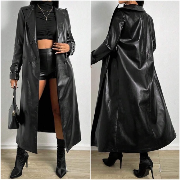 Luxe Vegan Leather Button up Trench Coat - Picture 3 of 5